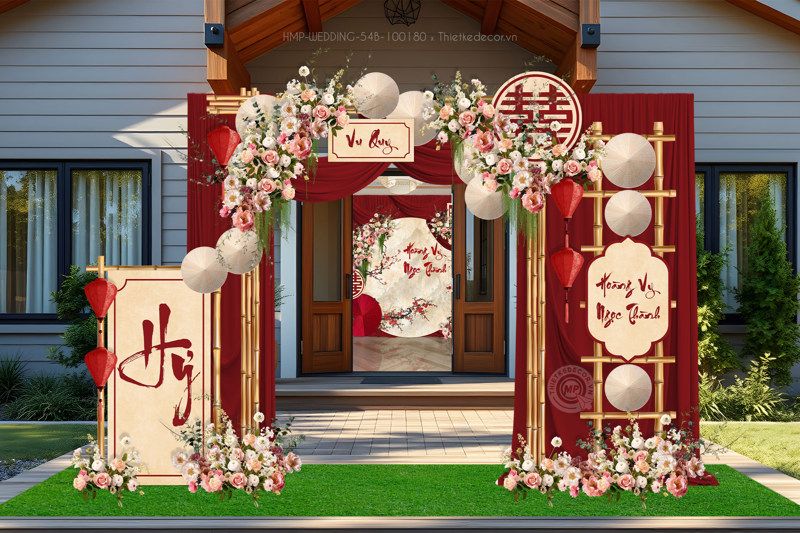 Cổng cưới tone đỏ kem Vintage phối rèm nón lá